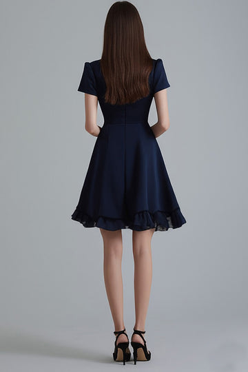 Navy Notched Lapel A Line Ruffled Short Work Dress